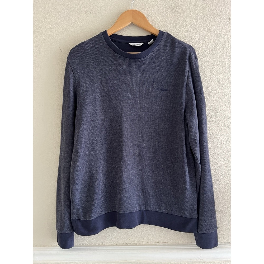 Calvin Klein Mens Medium Navy Blue Fine Rib Knit Crewneck Long Sleeve Sweater